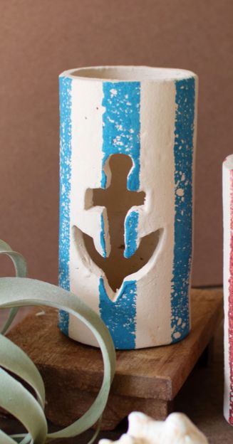 Painted Clay Anchor Luminary - Blue Painted Clay Anchor Luminary - Blue