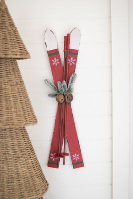 Pair of Red Wooden Skis Wall Hanging