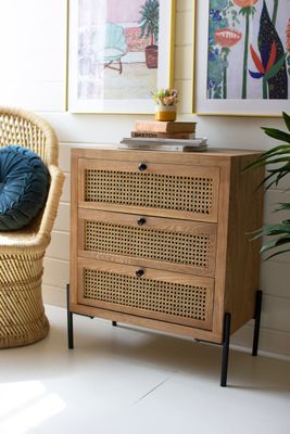 Wooden Bedside Table w/Three Woven Cane Drawers Wooden Bedside Table w/Three Woven Cane Drawers