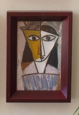Framed Cubist Painting Under Glass - Burgundy