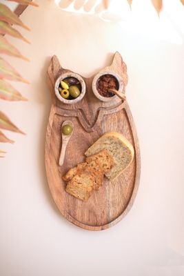 Wooden Owl Serving Board w/Marble Bowls