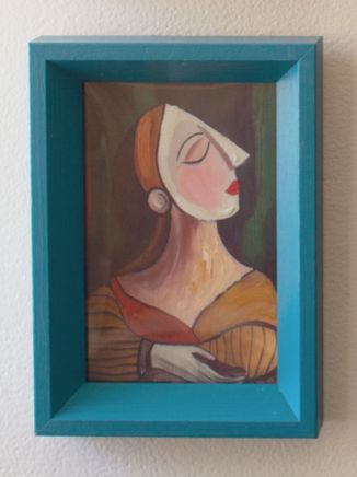Framed Cubist Painting Under Glass - Teal