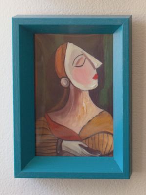 Framed Cubist Painting Under Glass - Teal