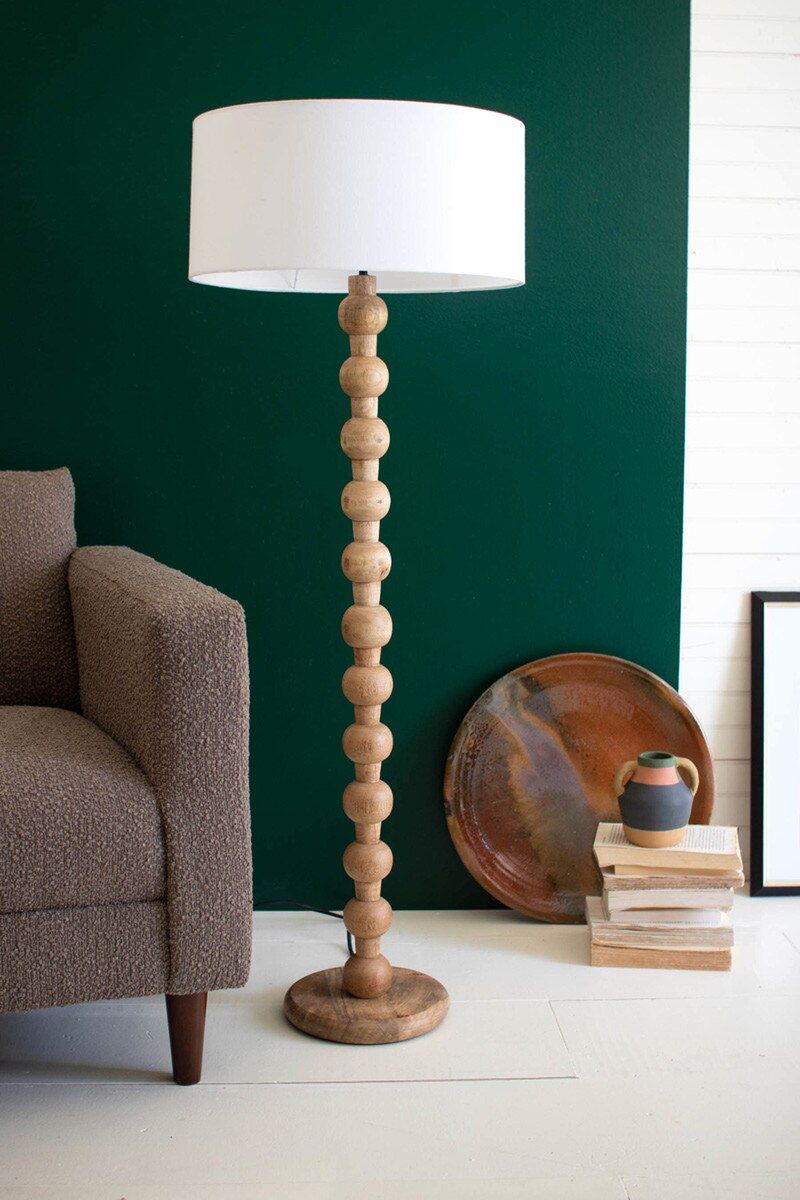 Carved Wooden Floor Lamp w/White Barrel Shade