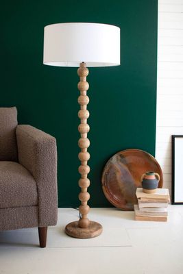 Carved Wooden Floor Lamp w/White Barrel Shade