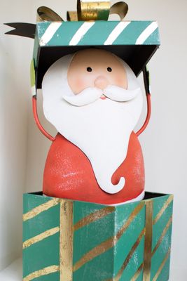 Painted Metal Santa w/Christmas Box