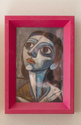Framed Cubist Painting Under Glass - Red