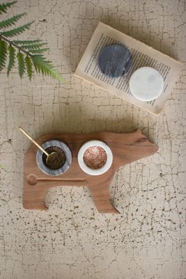 Set of 4 Marble and Wood Salt and Pepper Bear w/Serving Spoon
