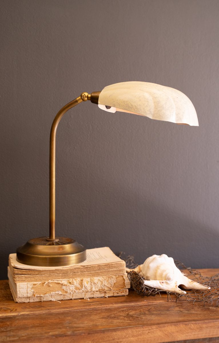 Antique Brass Table Lamp w/Shell Shaped Enamel Shade