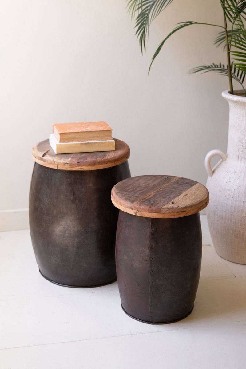 Recycled Wood and Metal Drum Table - Lg