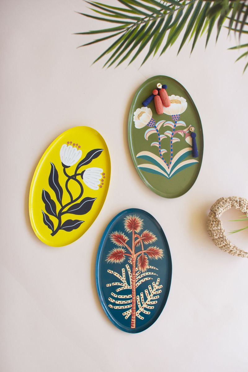 Handpainted Oval Tray w/Botanical Designs - Yellow