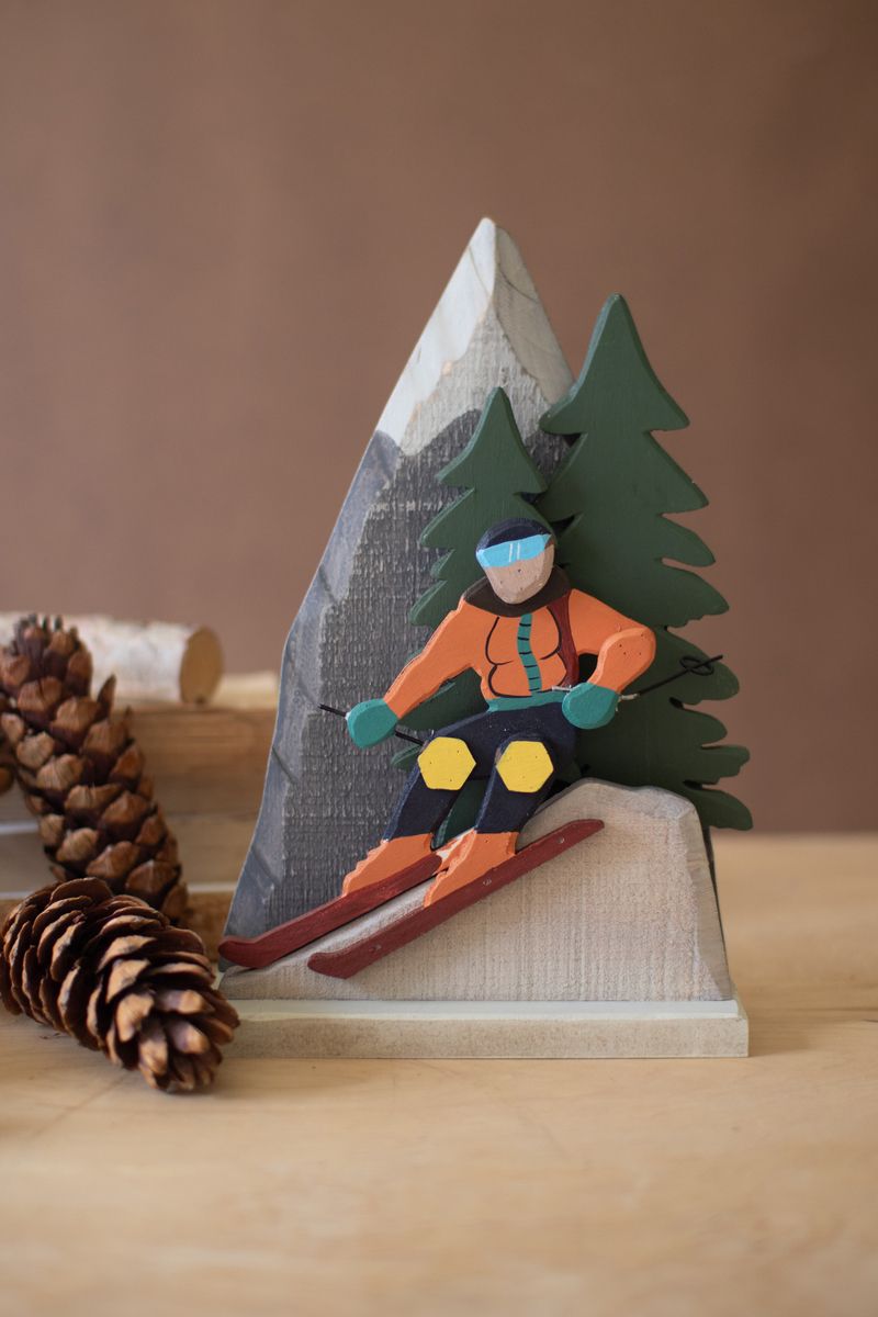 Painted Wood Snow Skiing Scene Painted Wood Snow Skiing Scene