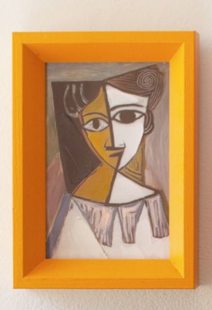 Framed Cubist Painting Under Glass - Orange