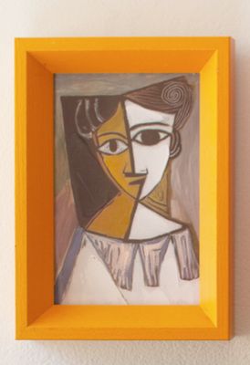Framed Cubist Painting Under Glass - Orange