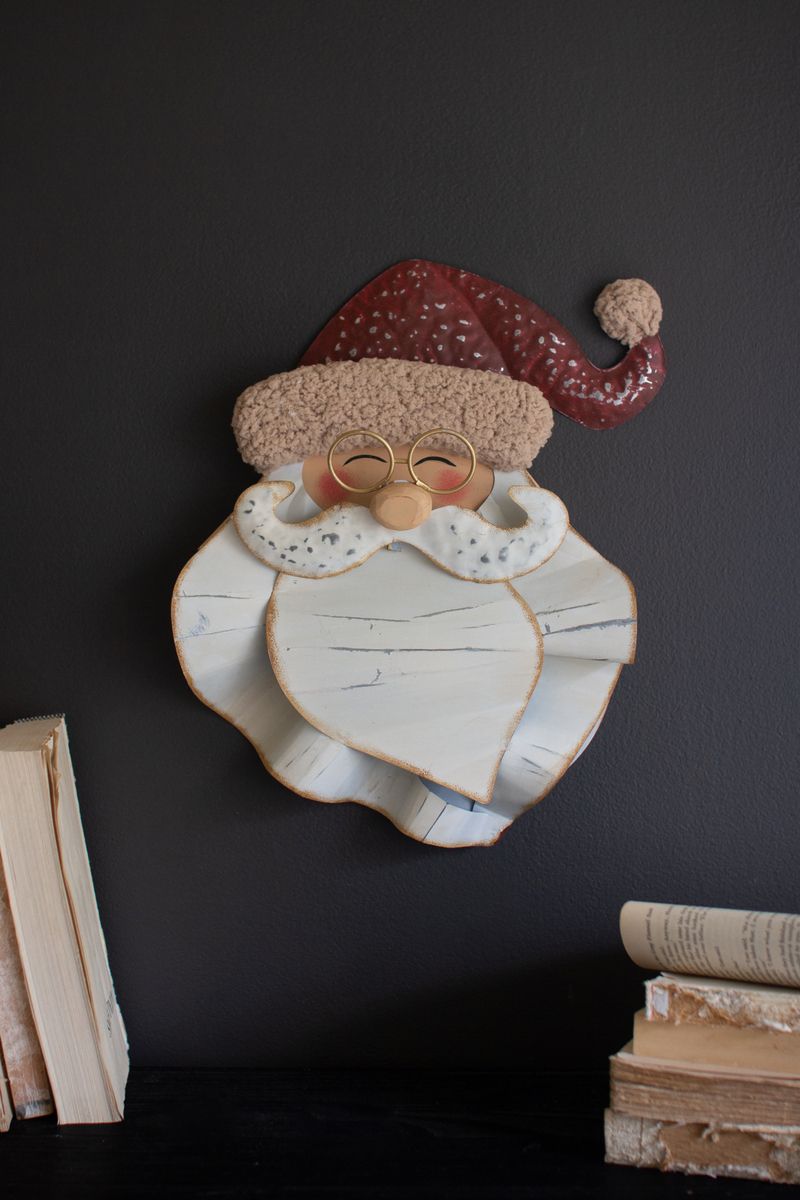 Painted Metal & Boucle Santa Head Wall Decor Painted Metal & Boucle Santa Head Wall Decor