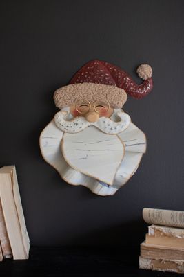 Painted Metal &amp; Boucle Santa Head Wall Decor