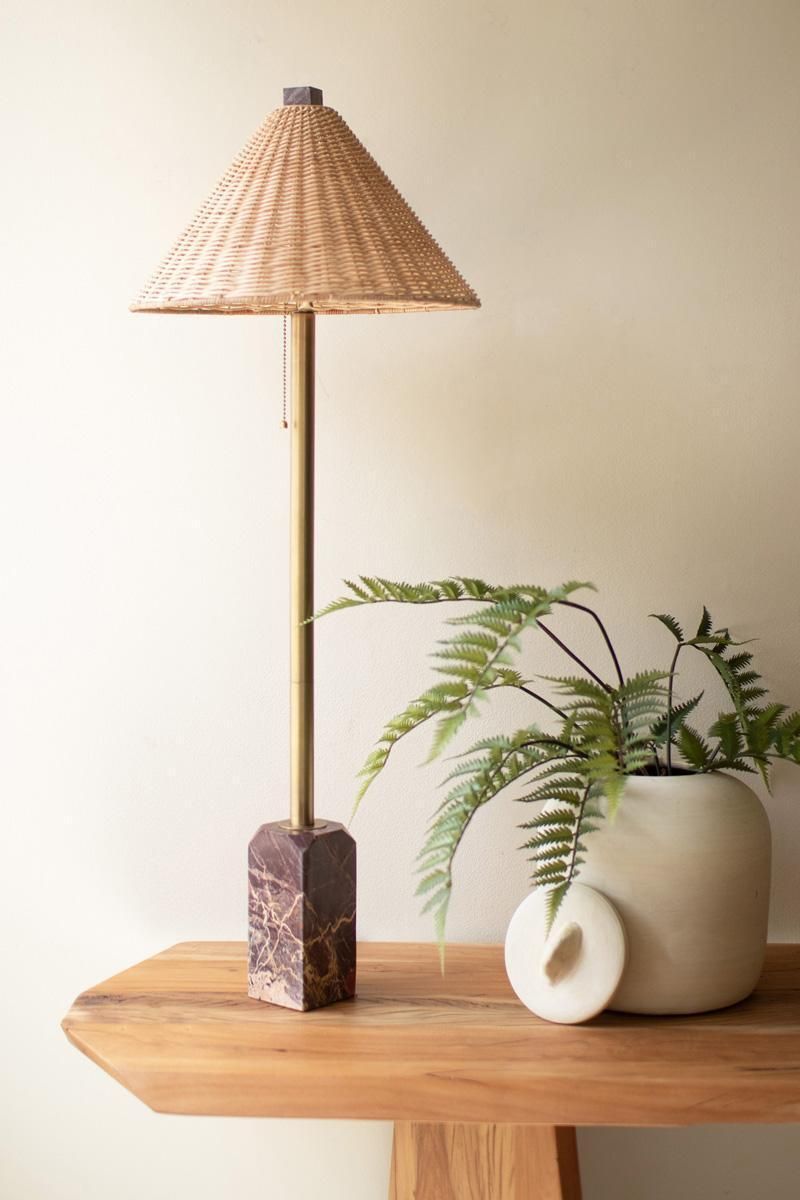 Table Lamp w/Red Marble Base &amp; Rattan Shade