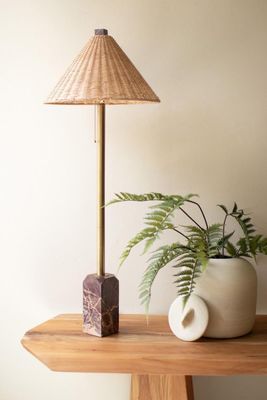 Table Lamp w/Red Marble Base &amp; Rattan Shade