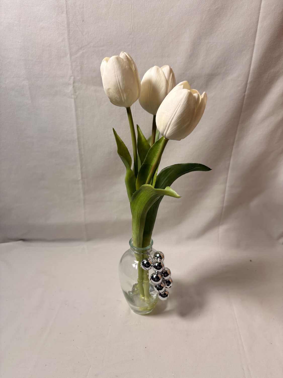 Tulip in Glass Vase w/Bells 14.5" White Tulip in Glass Vase w/Bells 14.5" White