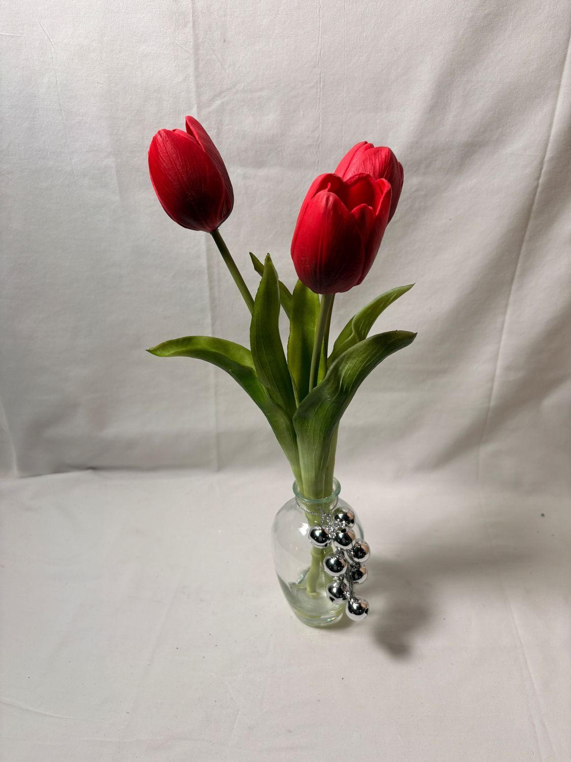 Tulip in Glass Vase w/Bells 14.5" Red Tulip in Glass Vase w/Bells 14.5" Red