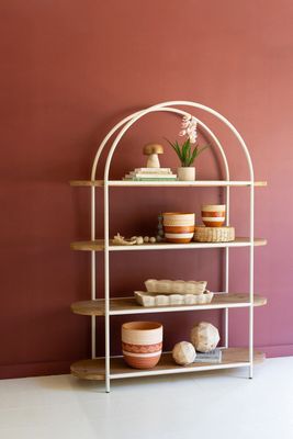 Painted Metal Arched Display w/Four Wooden Shelves Painted Metal Arched Display w/Four Wooden Shelves