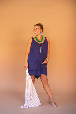 Adjustable-Strap Short Jumper w/Front Pockets - Blueberry