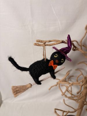 Felt Black Cat on Broom w/Witch Hat Ornament Felt Black Cat on Broom w/Witch Hat Ornament