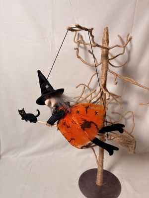 Witch on Broomstick w/Cat Ornament - Orange Witch on Broomstick w/Cat Ornament - Orange