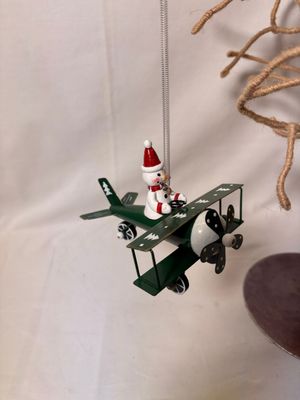Metal Plane Ornament - Green Snowman