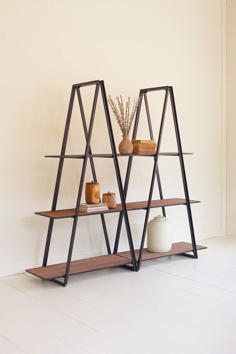 Double A-Frame Iron &amp; Wood Three-Tiered Shelving Unit