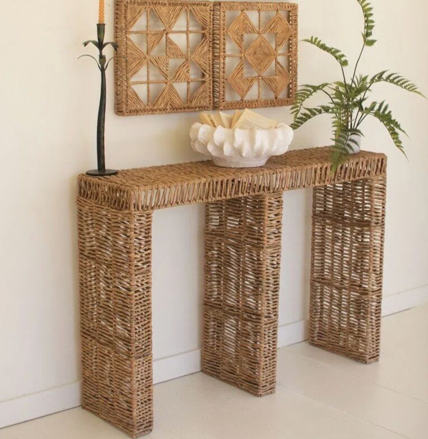 Woven Seagrass &amp; Iron Console Table
