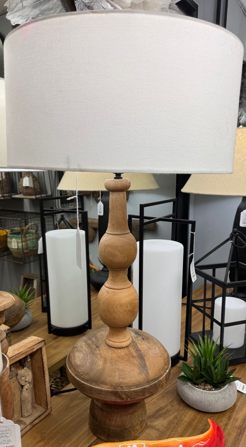 Carved Wooden Table Lamp w/Off-White Barrel Shade
