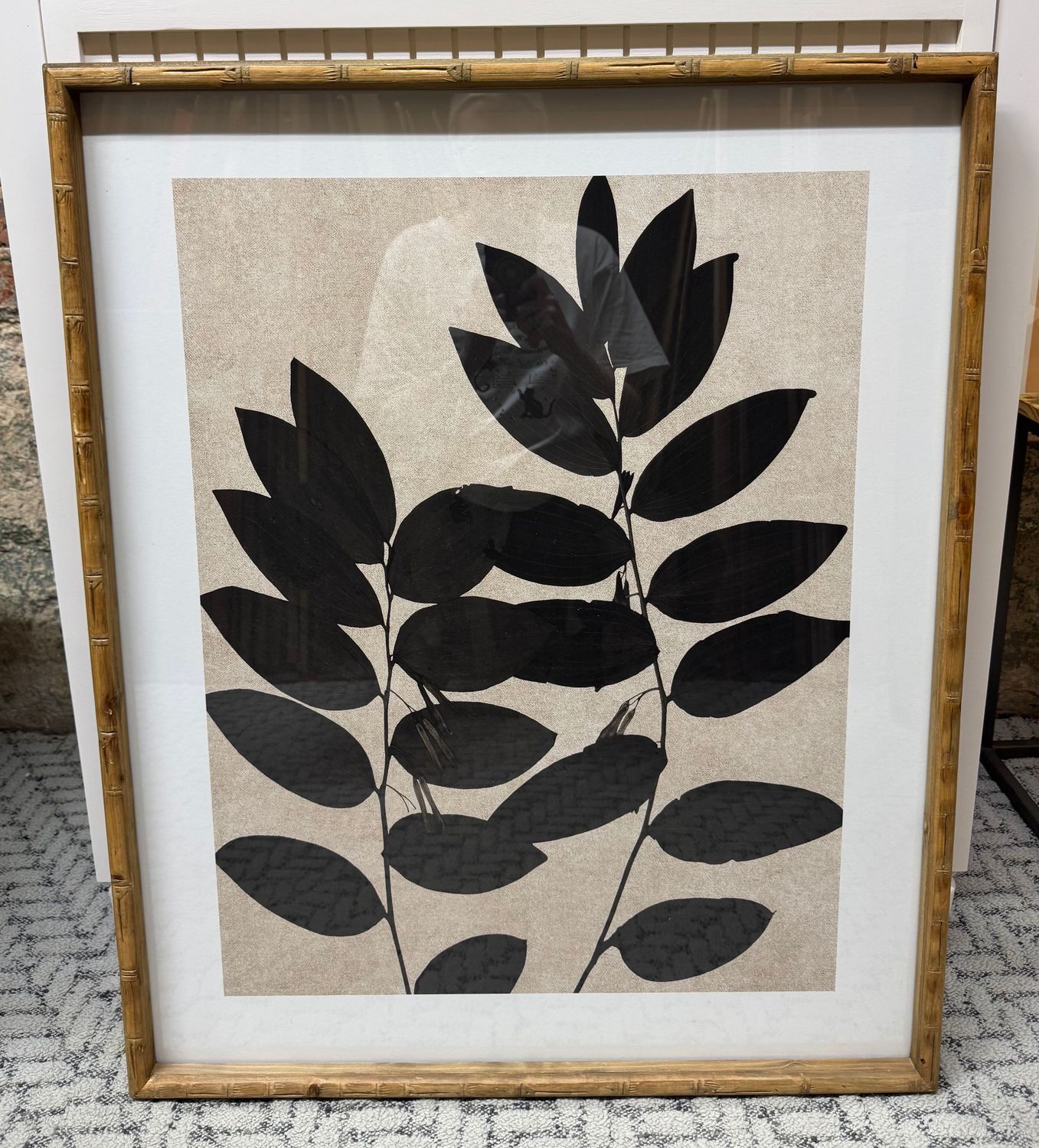 Wood Framed Black Leaf Print Under Glass II