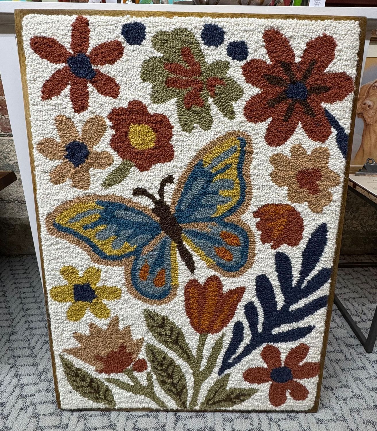 Framed Hand-Hooked Art w/Fall Flowers &amp; Butterfly