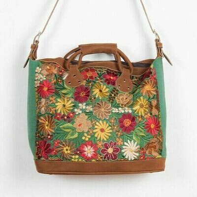 AP26GR Embroidered Flower Leather Suitcase - Green - Altiplano