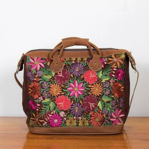 AP26 Embroidered Flower Leather Suitcase - Brown/Burgundy - Altiplano
