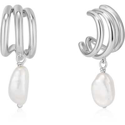 AH Pearl Of Wisdom: Pearl Triple Mini Hoop Earrings - Silver