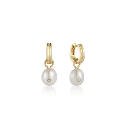 AH Pearl Power:  Pearl Drop Sparkle Huggie Hoop Earrings - Gold