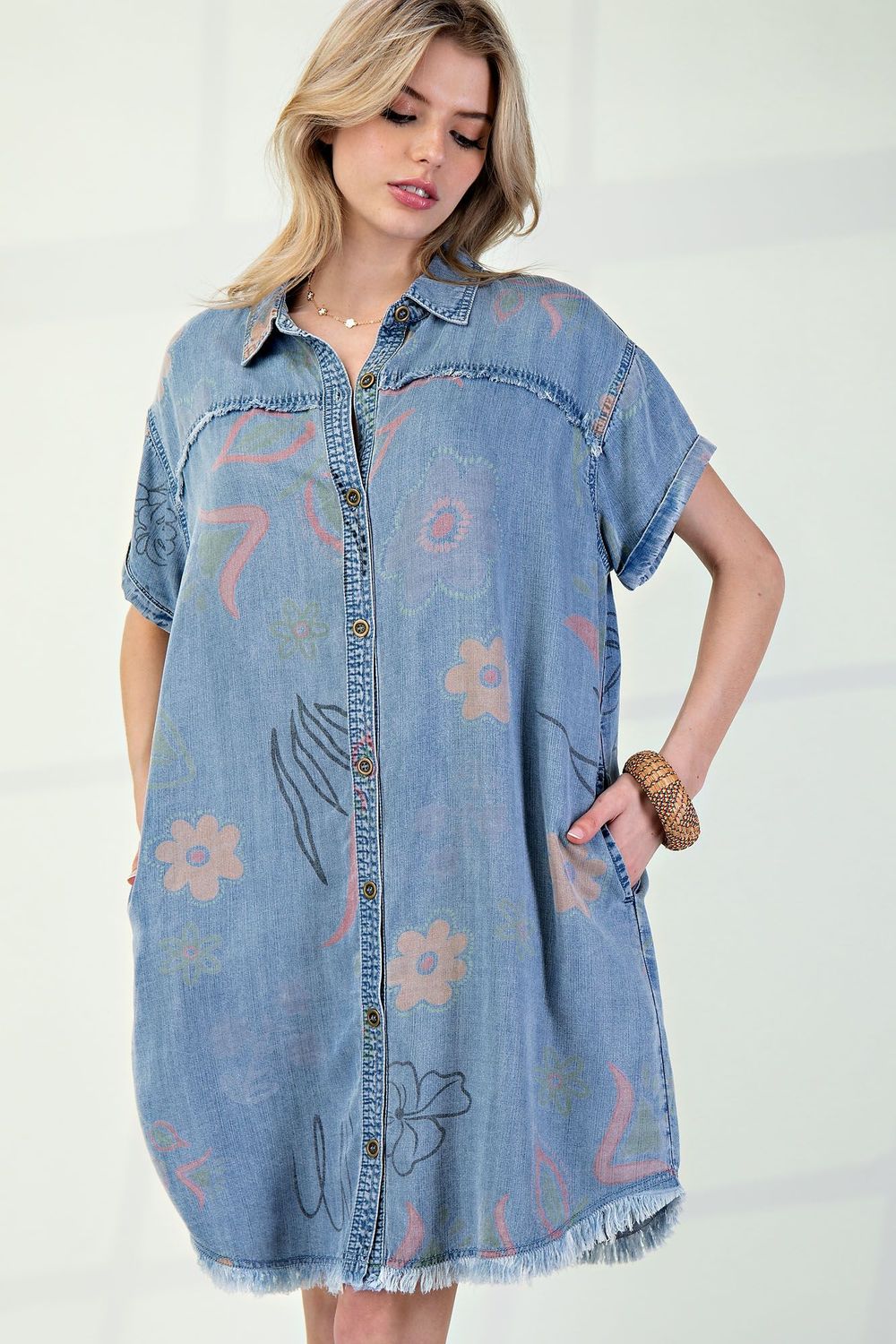 short sleeve printed wash Denim