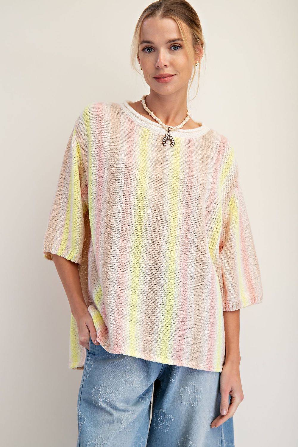 sage coral multi color stripe top