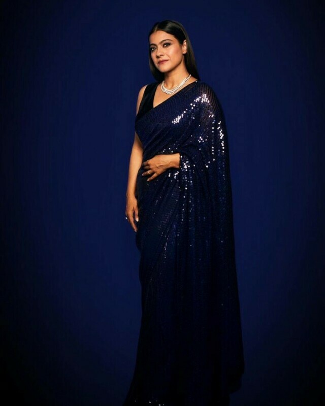 Kajol Wear Navy Blue Color Georgette Sequin Bollywood Saree Sequence work saree