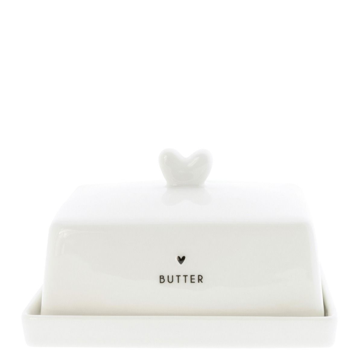 Butterdose / Teller mit Haube weiß mit schwarzem Herz