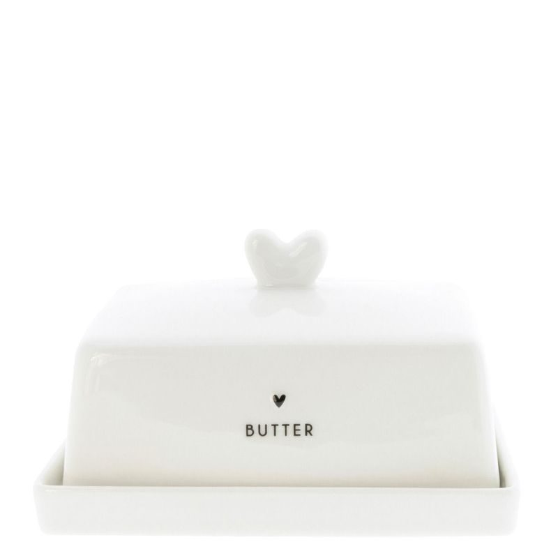 Butterdose / Teller mit Haube weiß mit schwarzem Herz