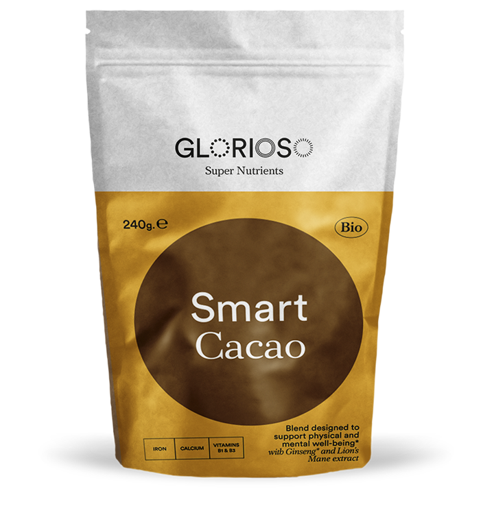 Biologisch veganistisch Smart Cacao Glutenvrij 240 gr / Bio-cacaoformule die de intellectuele prestaties helpt verbeteren. Met extract van Lion’s Mane en Ginkgo Biloba.