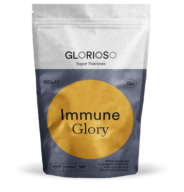 Biologisch veganistisch Immune Glory Glutenvrij 150 gr / Bio-formule om het immuunsysteem te beschermen met vitamine C, D en extracten van Reishi en Agaricus Blazei.