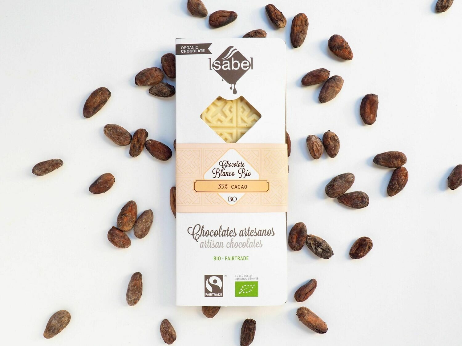 Biologische tablet van witte Chocolade 80 Gram /  35% cacao (Doos 10 x 80 gram)