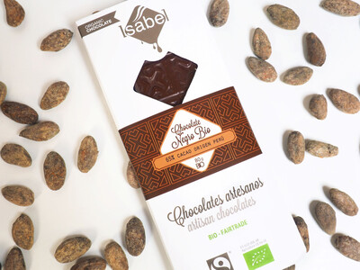 Biologische tablet  van Chocolade 65 % Cacao, Herkomst uit Perú, 80 Gram  (doos 10 x 80 Gram)