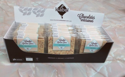 Biologische Cracker van witte Chocolade Knapperige en Quinoa, 30 Gram. - Doos 42 x 30 Gram.