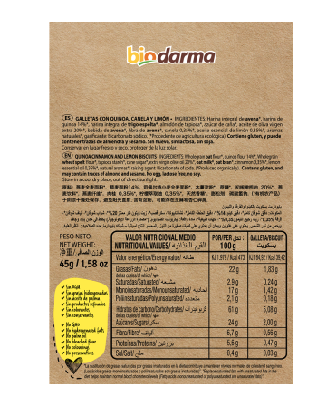 Biologische koekjes van quinoa met kaneel, citroen en extra viergen olijfolie 45 Gram , Doos 16 x 45 Gram