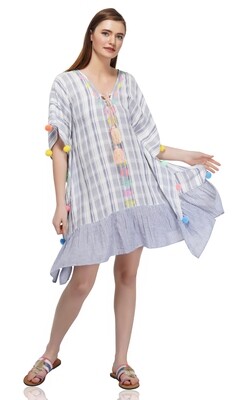 Striped Embroidered Caftan With Pom-Poms Striped Embroidered Caftan With Pom-Poms